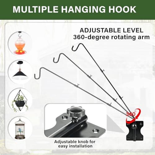 DAEHUI Deck Bird Feeder Hanger with 3in Clamp for Railing 41 Inch Bird Feeder Pole 360 Degree Swivel Plant Hooks for Hanging Baskets Wind Chime Lantern (1 Pack Wall Mounted Hook) - Thumbnail 4