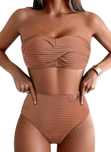 Pink Queen Women's Bikini Swimsuits High Waisted Bathing Suit Textured Strapless Swimsuits 2026 Dusty Pink L - Image 1