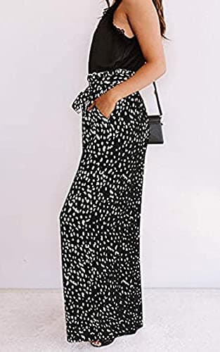 ECOWISH Womens Palazzo Pants Wide Leg Trousers with Pockets High Waist Casual Loose Flowy Pants with Belt 160 Black Small - Thumbnail 6