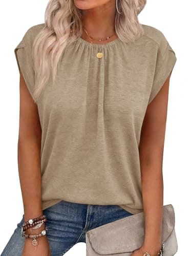 Tankaneo Womens Cap Sleeve Cropped Tank Tops Summer Pleated Elastic Crew Neck T Shirts Casual Loose Fit Basic Tees Light Brown - Image 1