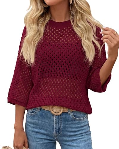 KIRUNDO Crochet Tops for Women Summer Batwing Sleeve Beach Sweater Lightweight Knit Cover Up Shirts Cruise Vacation Outfits(Wine Red, Small) - Image 1