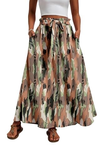 Mintreus Womens Spring Summer Long Skirt Elegant High Waist Cocktail Party Wedding Flowy A-Line Maxi Skirts 2026(Camou Green Pink-S) - Image 1