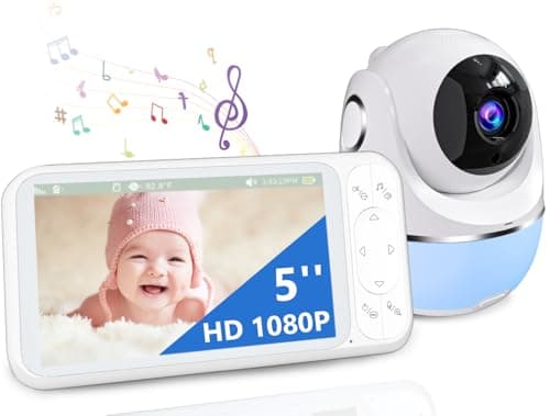 Buradin 1080P Baby Monitor No WiFi, Pan Tilt 4X Zoom 5000mAh Battery Video Baby Monitor with Camera and Audio, 2-Way Talk, Night Vision, VOX, 1200FT