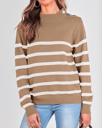 KIRUNDO Fall Sweaters for Women 2026 Striped Turtleneck Ribbed Knit Sweater Trendy Pullover Jumper Winter Fashion Clothing(X-Large, Light Khaki) - Thumbnail 4
