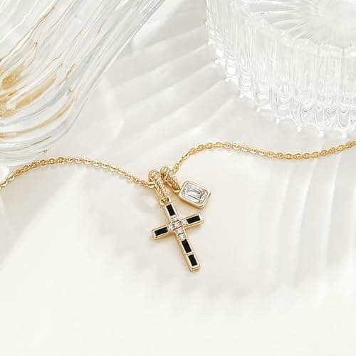 Fettero Gold Necklace for Women - Dainty Cross Necklce Simple Removable Black Cross Pendant Non-Tarnish Faith Cross Necklaces for Women Trendy Christian Religious Jewelry Gift - Thumbnail 3