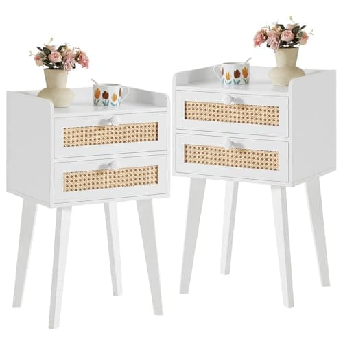 Lerliuo Rattan White Night Stand Set of 2 with 2 Drawers, Cane Accent Nightstand Bed Side End Table with Solid Wood Legs, Boho Nightstands Bedside Tables for Bedroom Living Room Dorm and Small Spaces - Image 1