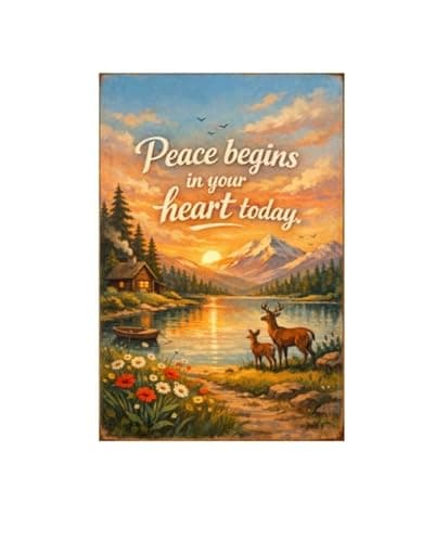 Peace Begins In Your Heart Today Metal Tin Sign Vintage Landscape Wall Decor Sunset Lake Cabin Deer Mountain Rustic Nature Artwork 8x12 Inch Home Farm Lodge Office Hanging Plaque - Image 1