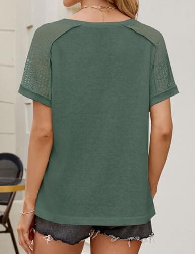 JUSTFASHIONNOW Cute Summer Tops for Women 2025 Trendy Short Sleeve Shirts V Neck Vintage Tees Casual Ladies Blouses Spring Outfits Green S - Thumbnail 3