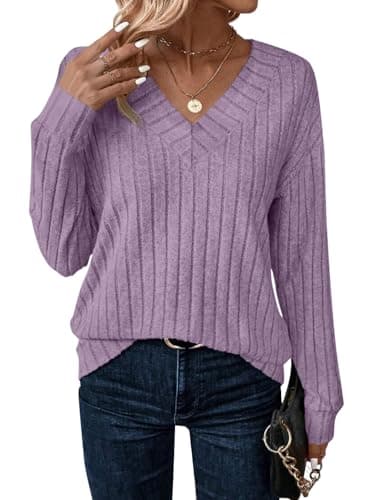JUSTFASHIONNOW Womens Long Sleeve Tops Casual V Neck Winter T Shirts Soft Tunic Tops Blouses Business Casual Pullover Sweaters(Purple,Medium) - Image 1
