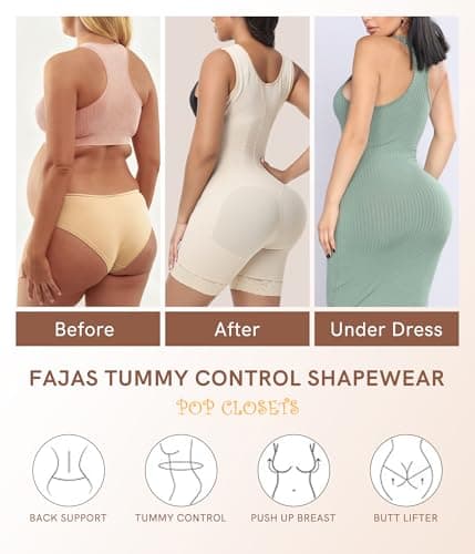 POP CLOSETS Fajas Colombianas Postparto Full Body Shapewear For Women Four Layers High-Compression Beige S - Thumbnail 5