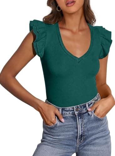 Sidefeel Womens V Neck Summer Tops Ruffle Sleeveless Slim Fit T Shirts Casual Blouses Green Medium - Image 1