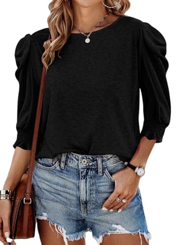 Tankaneo Womens 3/4 Length Sleeve Tops Dressy Casual Blouse Puff Sleeve Cute Trendy T Shirts with Smocked Cuffs Black - Image 1