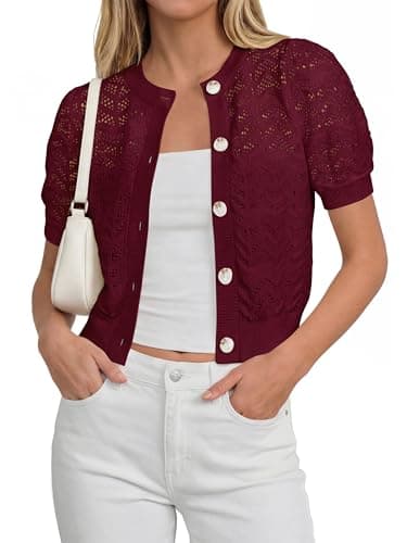 PRETTYGARDEN Women Summer Crochet Puff Short Sleeve Cardigan Lightweight Spring Cropped Button Up Beach Knit Sweater Tops(Burgundy,Small) - Image 1