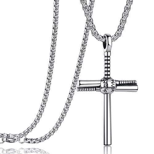 Rehoboth Men's Stainless Steel Baseball Bat Nail Cross Pendant Necklace 24 Inch Adjustable Chain for Women Men Silver - Image 1
