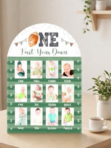 Football 1st Birthday Photo Board for Boys, 12 Monthly Milestone Wooden Frame, First Year Down Party Decor, 5x7cm/2x2.8in Photo Display, Sports Themed Keepsake Gift for Baby Showers & Nursery - Image 1