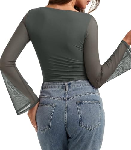 PINKMSTYLE Sheer Mesh Flared Sleeve Tops for Women Boat Neck Long Sleeve Ruched Shirt Club Outfits Grey Green X-Large - Thumbnail 3