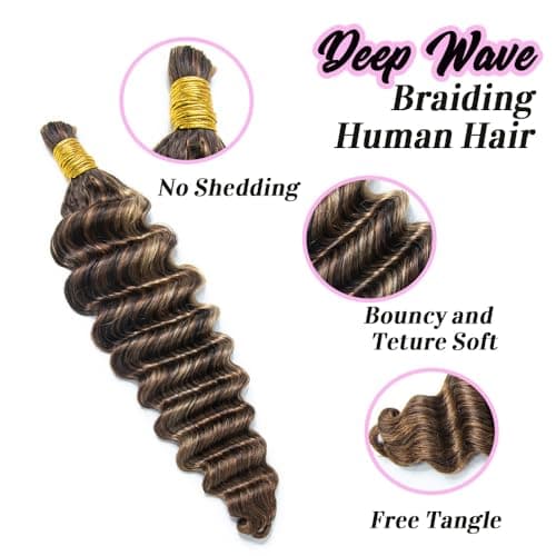 Boho Human Hair for Braiding #4/27/30 100% Brazilian Human Braiding Hair 100G Deep Wave Braiding Human Hair for Boho Braids 18 Inch - Thumbnail 3