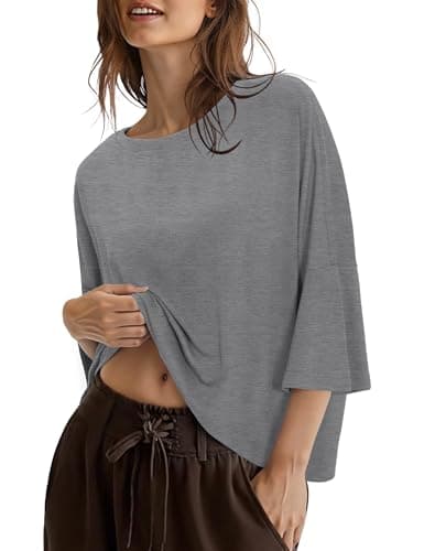 Totatuit Womens Plus Size 3/4 Sleeve Oversized Cropped Tshirts Casual Summer Crewneck Boho Trendy Top 2026 Yoga Cover Up Workout Gym Jersey Shirts Going Out Tops Gray XX-Large - Image 1