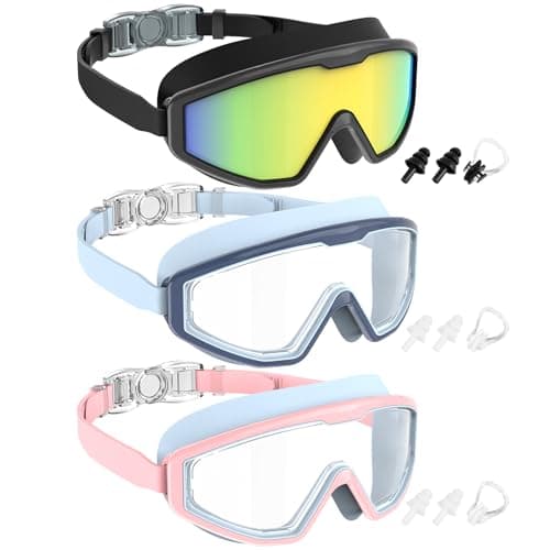 NSSIW Swim Goggles Swimming Kids-Goggles: Anti Fog No Leak with Nose Clip Earplugs for Girls Boys Youth 6-14 3 Pack - Image 1