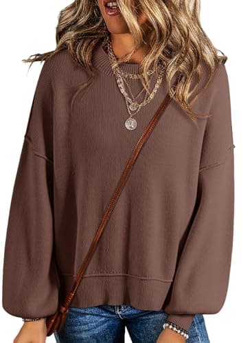 Dokotoo Sweaters for Women Trendy Crew Neck Solid Patchwork Casual Loose Teacher Fall Outfits Knitted Tops Cute Pull Over Long Sleeve Crop Pullover Sweater Dark Khaki Medium - Image 1