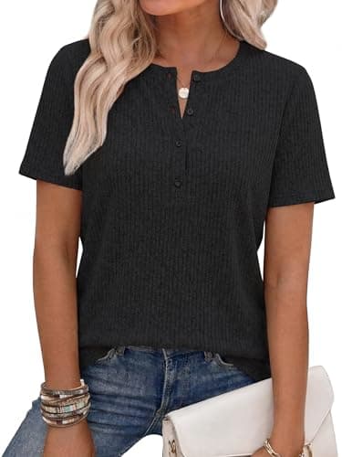 ANRABESS Womens Tops Short Sleeve Henley Shirts Dressy Casual Blouse Summer Cute Tshirt 2026 Spring Lightweight Tunic Sweater Black XX-Large - Image 1