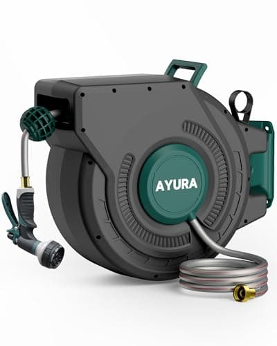 AYURA Retractable Garden Hose Reel 100 ft x 1/2 inch with Pro Metal Shaft, Heavy Duty Automatic Garden Hose Reels with Kink-Free Rewind and Lock at Any Length, Wall Mount Water Hose Reel for Outside