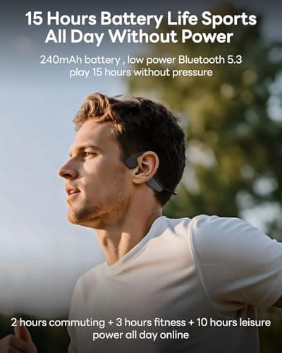 Bone Conduction Headphones, Open Ear Headphones Wireless Bluetooth, 15H Playtime, Dual Stereo Bass Technology, 27g Lightweight Wear, Call Noise Cancellation, IPX6 Waterpoof for Commuting, Walking - Thumbnail 6