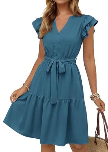 KIRUNDO Summer Dresses for Women 2026 Spring Flutter Sleeve V Neck Ruffle Flowy Tiered Knee Length Beach Vacation Sundress(Lake Blue, X-Large) - Image 1