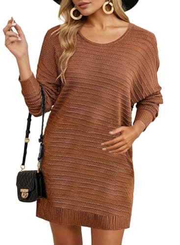 Dokotoo Womens Winter Dresses Batwing Long Sleeve Crewneck Lightweight Sexy Mini Sweater Dress Elegant Textured Oversized Brown Pullover Jumper Sweaters XX-Large - Image 1