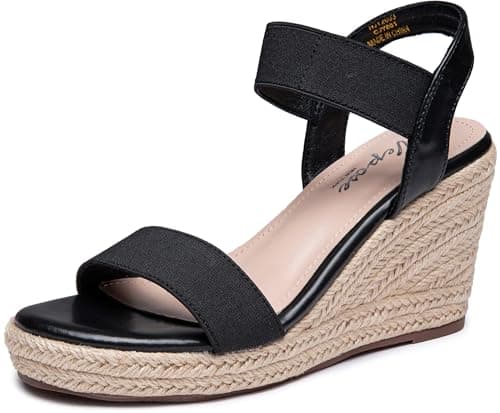 Vepose Women's Black Wedge Sandals, Platform Espadrilles Sandal Slip On Open Toe with Elastic Ankle Strap, Comfortable Low Heel Summer Dressy 881 Shoes Size 9 (CJY881 Black 09) - Image 1