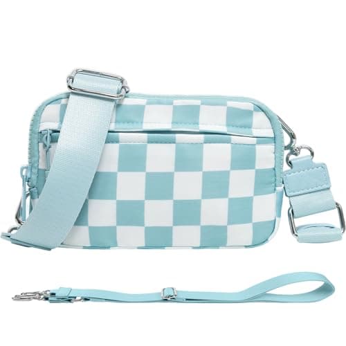 NBERMOTION Checkered Nylon Wristlet Wallets for Women RFID Blocking Purse With Credit Card Holder & Crossbody Strap(Ice Blue) - Image 1
