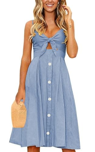 ECOWISH Women 2024 Summer Dresses Tie Front V-Neck Spaghetti Strap Button Down A-Line Backless Swing Midi Dress 809 Blue XL - Image 1