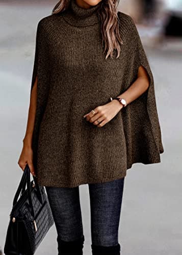 KIRUNDO Women's 2026 Fall Winter Turtleneck Poncho Sweater Fashion Chunky Knit Cape Wrap Sweaters Pullover Jumper Tops(Dark Coffee, X-Large) - Thumbnail 4