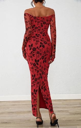 PRETTYGARDEN Womens Off The Shoulder Floral Maxi Bodycon Dress Fall Long Sleeve Mesh Fitted Long Formal Wedding Guest Dresses(Red,Medium) - Thumbnail 6