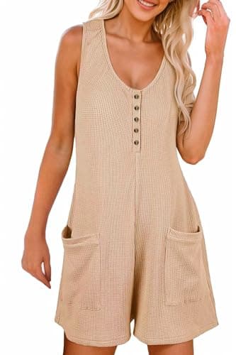 AlvaQ Rompers for Women 2025 Summer Sleeveless Round Neck Button Front Overalls Casual Shorts Jumpsuit Vacation Beach Outfits Rompers with Pockets,Beige,X-Large - Image 1