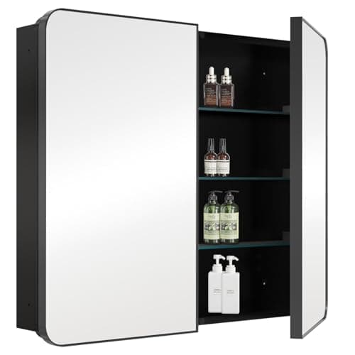 FOMAYKO Bathroom Medicine Cabinet with 30"x26" Black Stainless Steel Framed Mirror,Recessed or Surface Mounted Bathroom Mirror Cabinet,Storage Cabinet with Double Door - Image 1