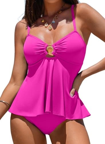 Aleumdr Women's Tankini Swimsut Tummy Control Bathing Suit Scallop Flowy Swim Top with High Waisted Tankini Bottom Rose Red Medium - Image 1
