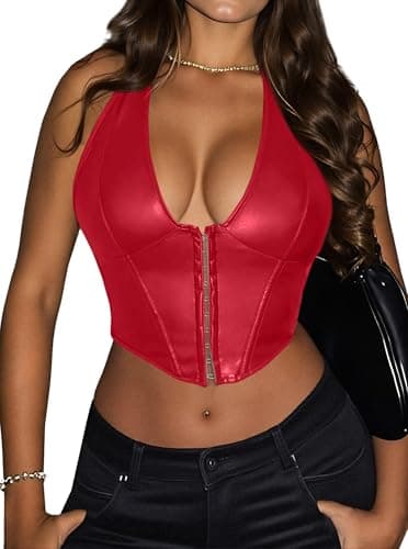 Benfoly Women's Y2K Leather Halter Top Backless Corset Bustier Top Lace Up Sexy Going Out Crop Tank Halter Neck Party Club Red - Image 1
