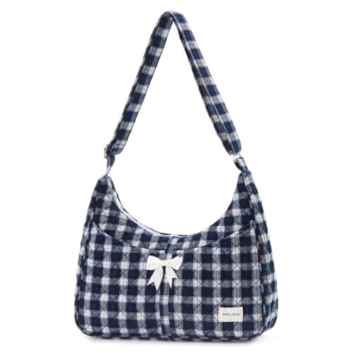 Quilted Hobo Shoulder Bag for Women, Quilted Plaid Purse with Pockets, Top Zipper Quilt Cotton Shoulder Bag, Lightweight Blue Plaid Hobo Handbags, Crossbody Purses with Adjustable Strap - Image 1