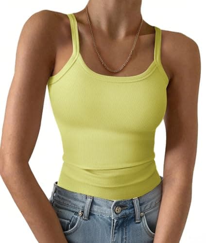 GKBK Women Spaghetti Strap Scoop Neck Ribbed Tank Tops Slim Fitted Camisole Sleeveless Basic Cami Shirts Summer Blouse Light Yellow S - Image 1