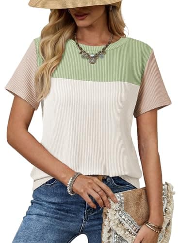 Dokotoo Summer Tops for Women Trendy 2026 Oversized Shirts for Women Color Block Cute Tee Top Spring Summer Casual Top and Blouses Vacation Outfits Loose Short Sleeve Womens Tops Moonlight Jade XXL - Image 1