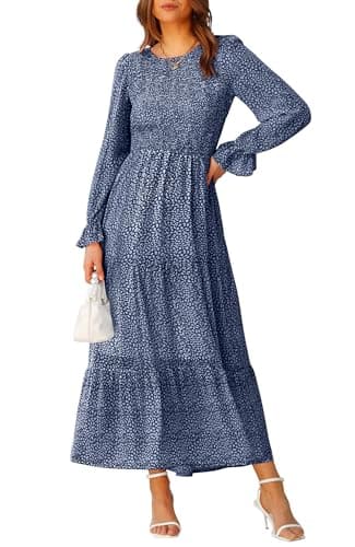 BTFBM Women Casual Long Sleeve Crew Neck Fall Dress Bohemian Relaxed Fit Floral Flowy Maxi Dresses Tiered Cocktail Dress(Floral Dark Blue,Large) - Image 1
