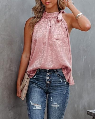 BTFBM Women Sleeveless Tie Mock Neck Spring Summer Tops Loose Casual Side Bow Satin Halter Tank Top Blouses Shirts Clothes(Light Pink, Large) - Thumbnail 4