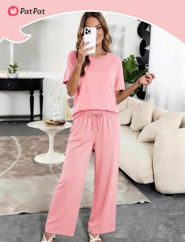 PATPAT Lounge Sets for Women Short Sleeve Pajama Set Soft Comfy Elastic Pjs 2 Piece Loungewear Outfits with Pockets Coral, XXL - Thumbnail 2