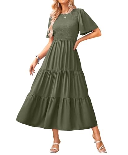 KIRUNDO Dresses for Women 2026 Casual Spring Short Sleeve Smocked A Line Flowy Empire Waist Tiered Elegant Vacation Dresses(Small, Army Green) - Image 1