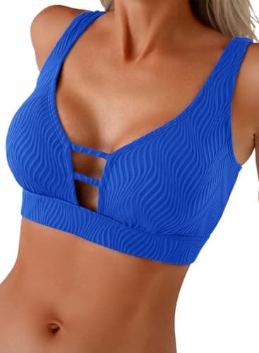 Herseas Women's Swim Tank Top Scoop Neck Push Up Swimsuit Tops Summer Fashion Beach Wear Padded Bikini Tops Crop Cut Out Swimwear Top Dark Blue Large - Image 1