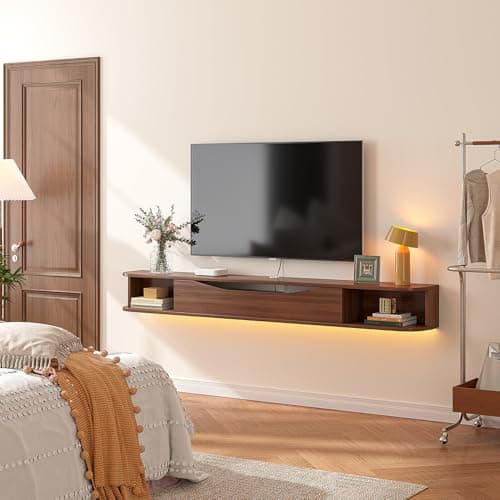 FurniNova Floating TV Stand,70'' Wall Mounted TV Cabinet,Floating TV Console,Under TV Shelf with 1 Door and 2 Cabinets for TVs up to 75''(Walnut) - Image 1
