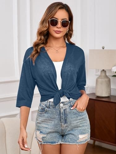 Heymoments Cardigan for Women Navy Blue X-Large Draped 3/4 Sleeve Open Front Lightweight Casual Soft Drape Summer Fall Kimonos Cardigans - Thumbnail 3