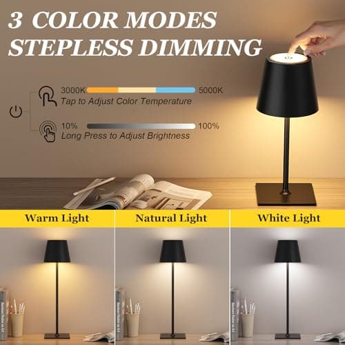 Kakanuo Cordless Rechargeable Table Lamp Black 5000mAh Battery Operated Lamps, 3 Colors Stepless Dimming Touch Lamp for Living Room, Kitchen Counter, Dining, Outdoor Patio, 2 Pack - Thumbnail 2