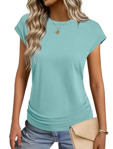GKBK Womens T Shirts O Neck Short Cap Sleeve Cotton Tops Summer Ruched Trendy Basic Tee Shirt Cyan L - Image 1